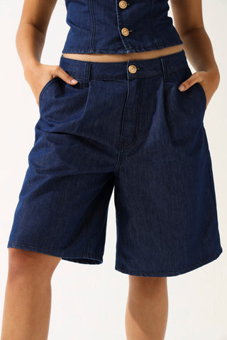 Pleat Front Denim Bermuda Shorts - Ink