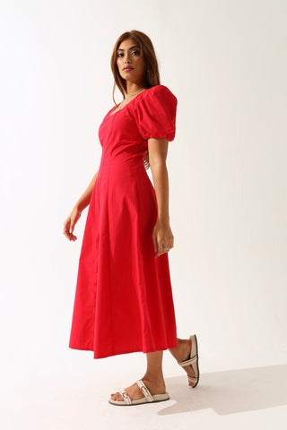 Panelled Puff Sleeve Midi Dress - Red