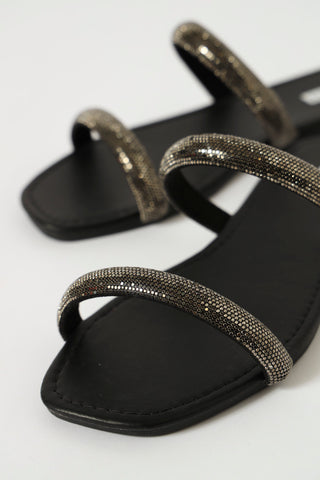 Diamante Double Strap Flat Sandal - Gunmetal