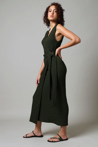 Sleeveless Wrap Textured Knit Dress- Fatigue