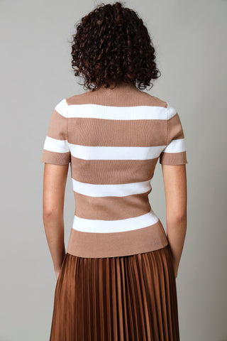 Short Sleeve Stripe Knitwear Top - Beige/White