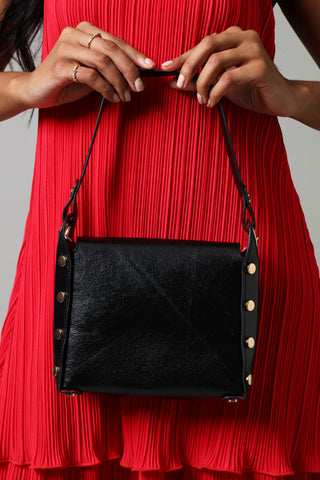 Bee Trim Side Stud Detail Satchel Bag - Black/Gold