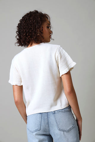 Short Sleeve Textured Knitwear Top - Cream
