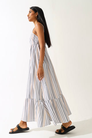 Strappy Stripe Poplin Frill Hem Maxi Dress - Multi