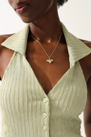 Halterneck Collared Button Through Shirt - Sage