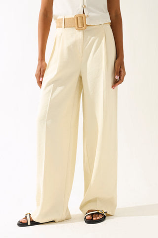 Belted Linen Look Wide Leg Pants - Cream