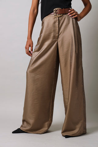 Belted Shimmer Wide Leg Pants - Brown