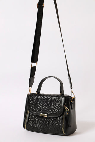 Flower Quilted Satchel Bag - Black/Gold