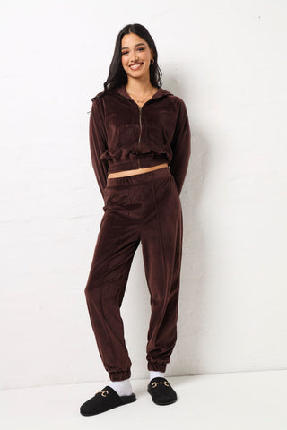 Long Sleeve Velour Zip Through Top - Chocolate