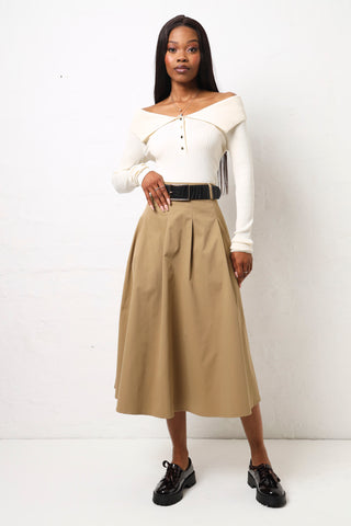 Belted Flare Twill Midi Skirt - Stone