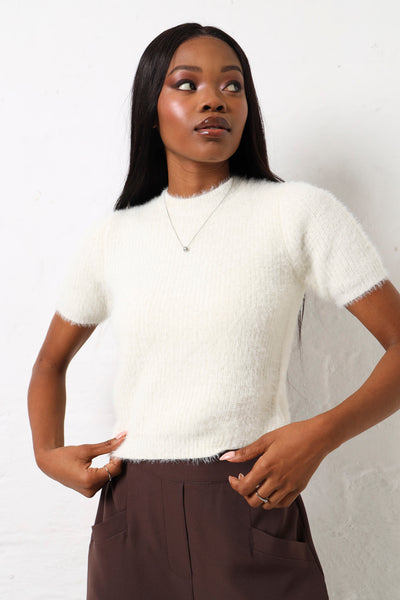 Short Sleeve Fluffy Knitwear Top - Cream – LEGiT