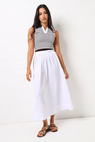 Short Sleeve Stripe Seamless Top With Collar - White/Chocolate