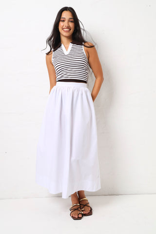 Structured Waist Flare Poplin Skirt - White