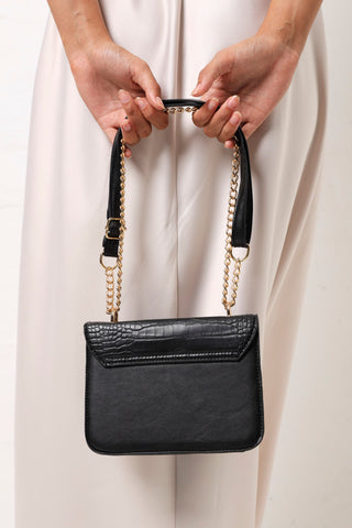 Flapover Metal Square Logo Satchel - Black