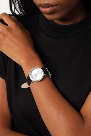 Diamante Dial Bee Charm Watch - Black