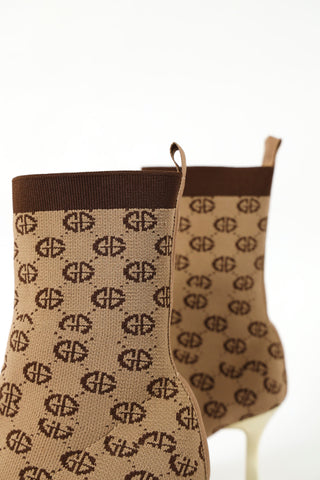 Mid Calf Pointy Heeled Monogram Sock Boot - Taupe
