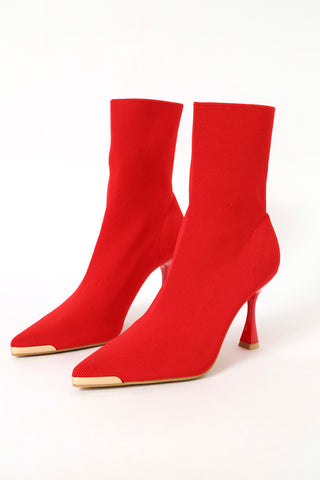 Mid Calf Pointy Heeled Gold Detail Sock Boot  - Red