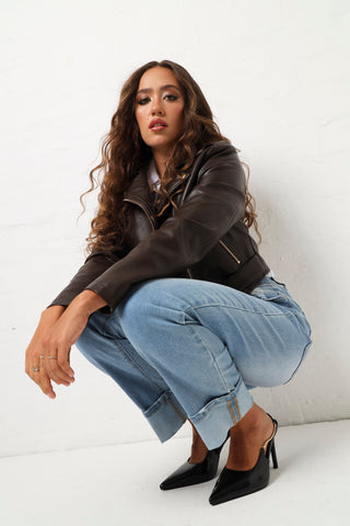 Gold Trim Belted Pu Biker Jacket  - Chocolate