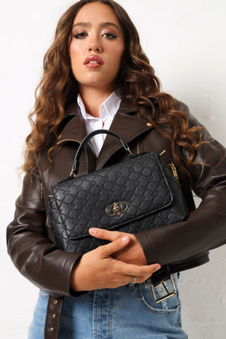 Embossed Logo Monogram Metal Clasp Satchel - Black