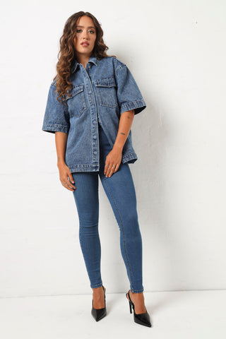 Short Sleeve Denim Shacket - Medium Wash