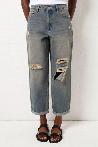 Open Knee Tea Stain Boyfriend Jean - Dark Wash