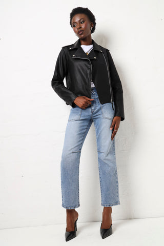 Double Tab Detail Pu Biker Jacket - Black