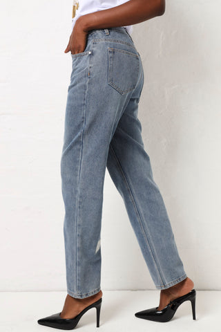 Button Waist Straight Leg Jean - Stonewash