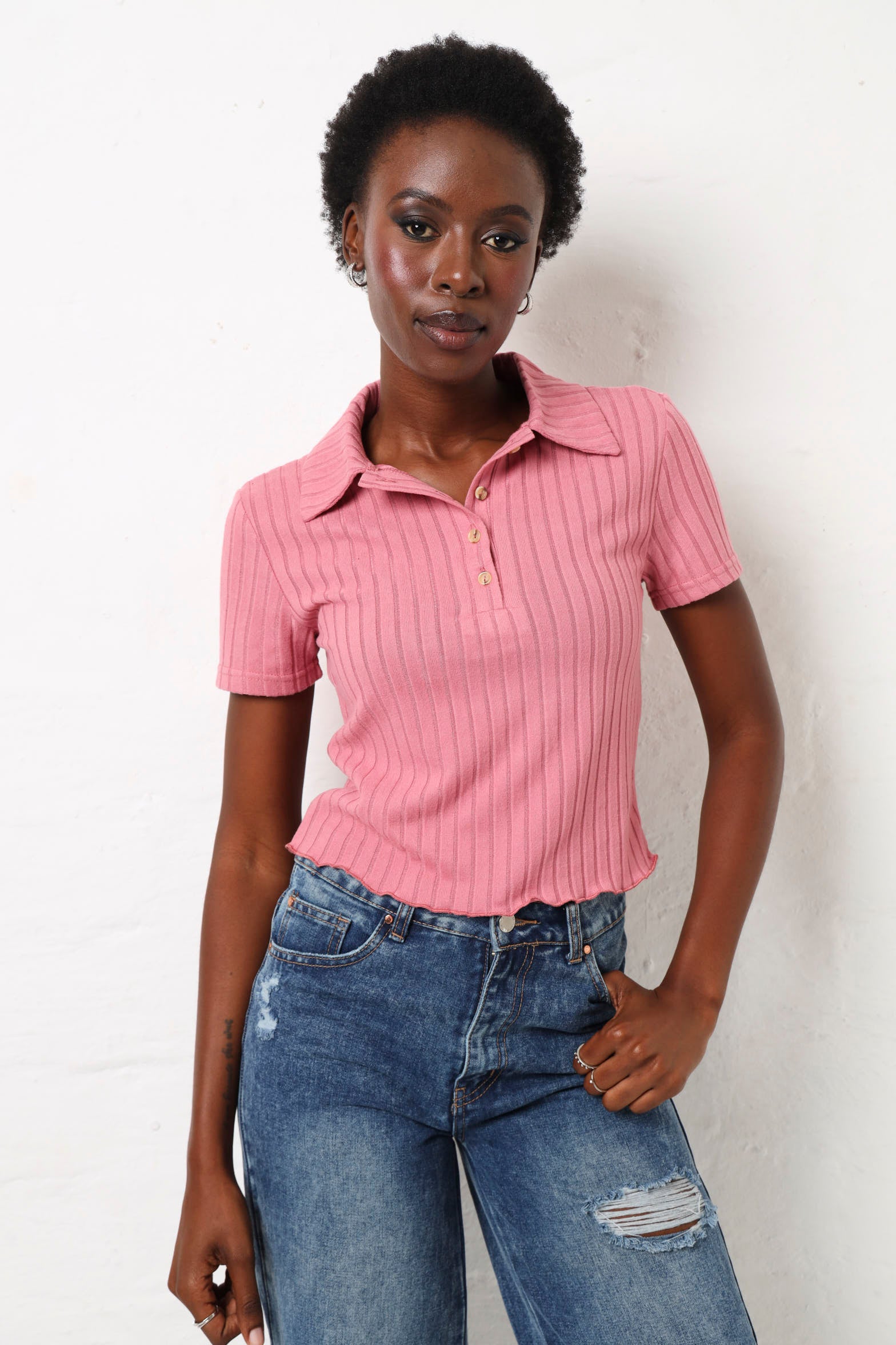 Collor Rib Pink Short Sleeve Brushed Rib Golfer - Pink – LEGiT