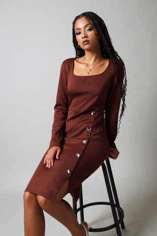 Long Sleeve Button Detail Dress - Dark Brown