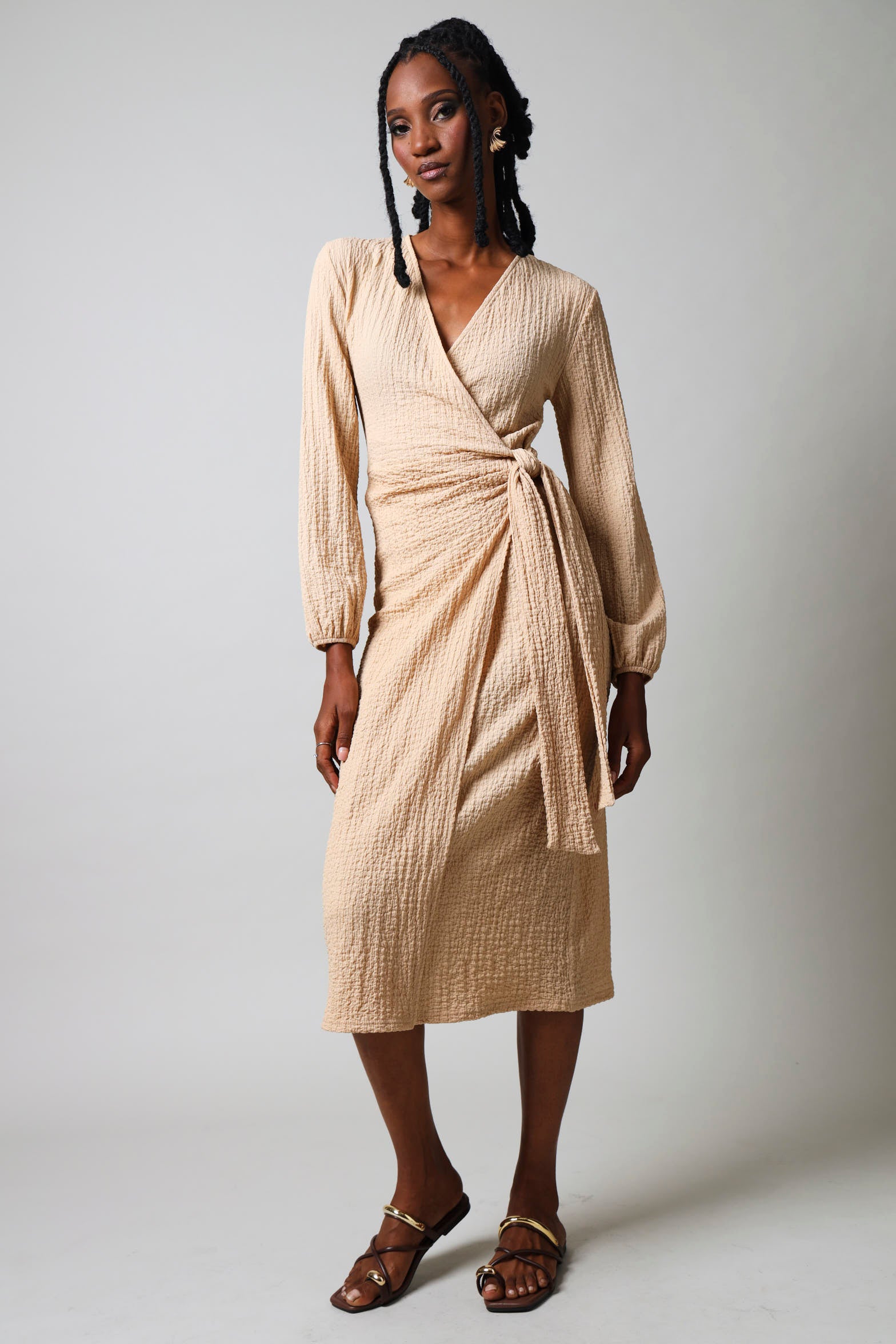 Long Sleeve Textured Wrap Dress - Nude LEGiT Long Sleeve Textured Wrap Dress - Nude LEGiT