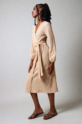 Long Sleeve Textured Wrap Dress - Nude