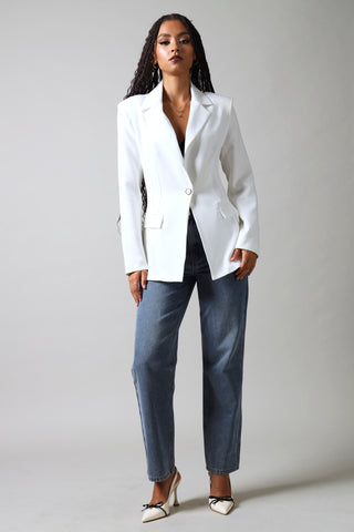 Long Sleeve Cinched Waist Blazer - White