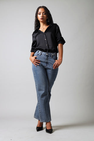 Long Sleeve Satin Button Down Shirt - Black