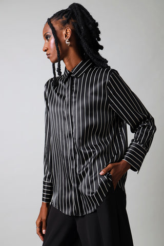 Long Sleeve Stripe Satin Shirt - Black/White