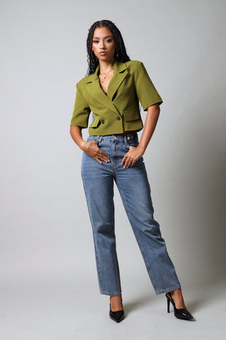 Short Sleeve Cropped Blazer - Fatigue