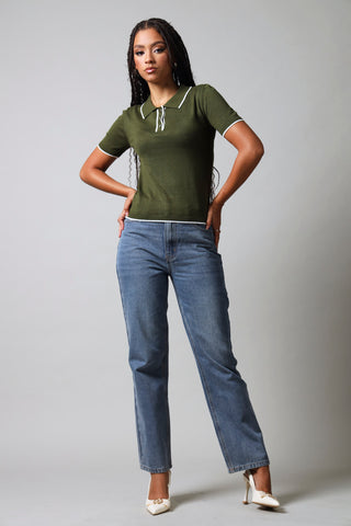 Short Sleeve Golfer With Contrast Detail - Fatigue