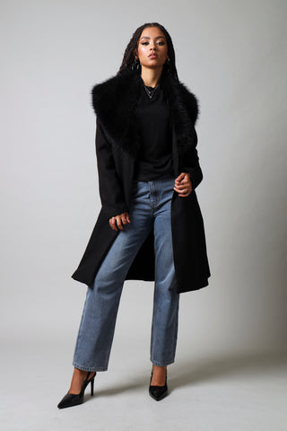 Long Sleeve Fur Collar Belted Melton Coat - Black