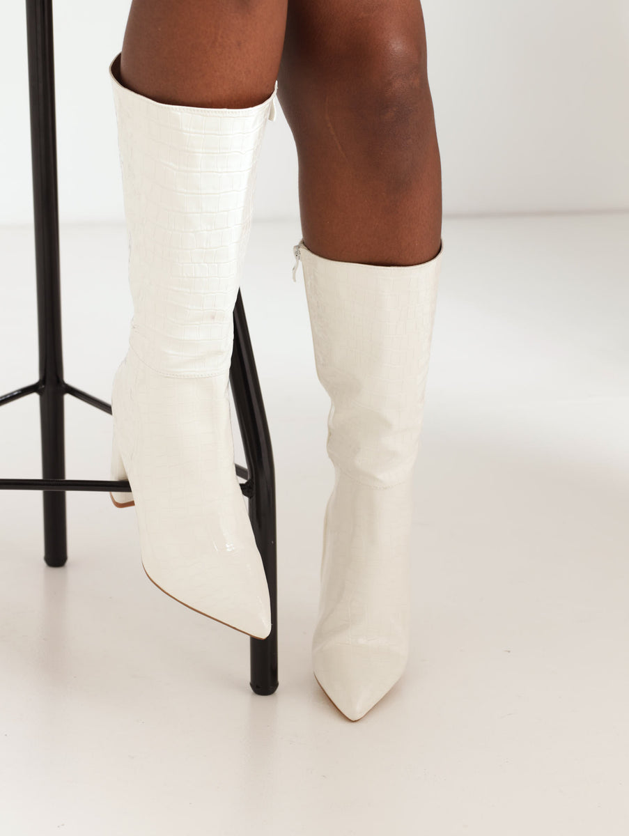 Patent Snake Print Boot On High Block Heel White LEGiT