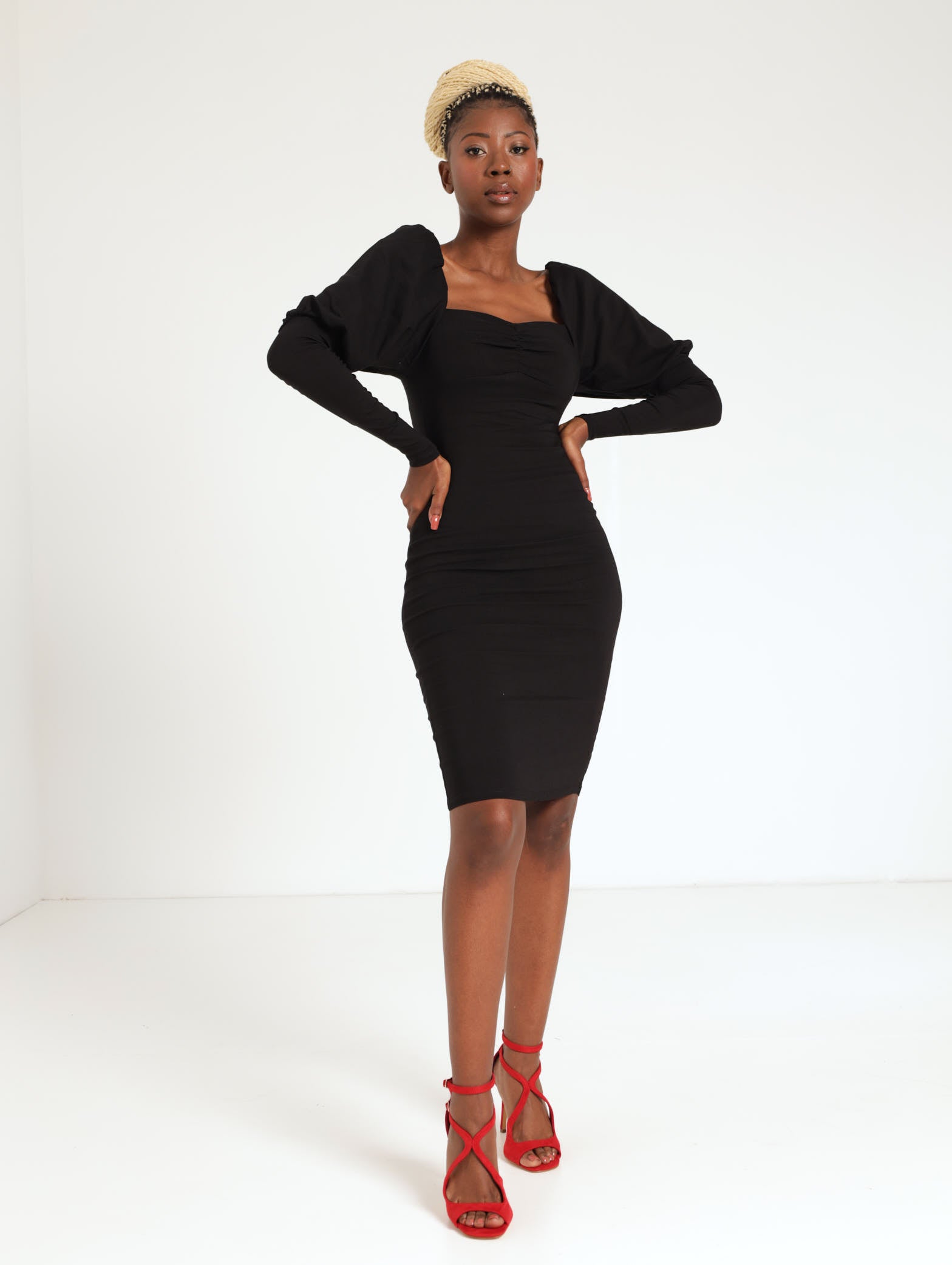 Ruched Long Sleeve Bengaline Bodycon Dress Black LEGiT