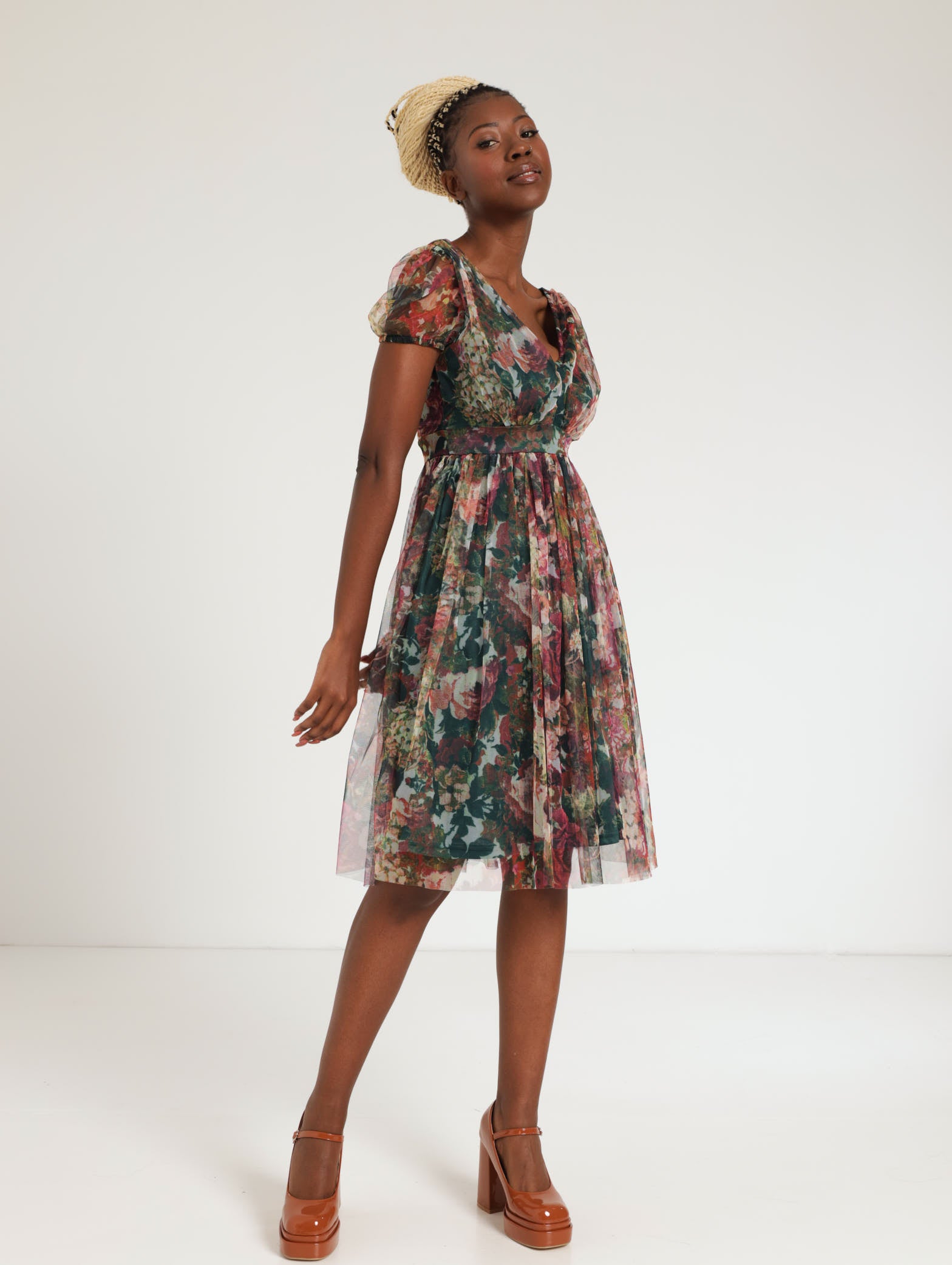Short Sleeve Roughed Waist Floral Prom Dress