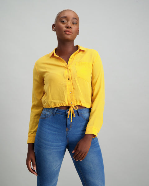 Long Sleeve Crop Tie Waist Pocket Shirt - Yellow – LEGiT