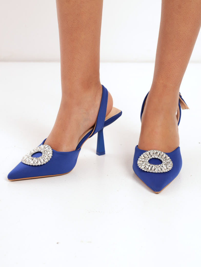 Pointy Court With Circle Jeweled Trim Mid Stiletto Heel Cobalt