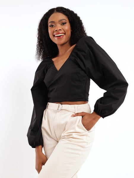 Cross-Over Puff Sleeve Blouse - Black – LEGiT