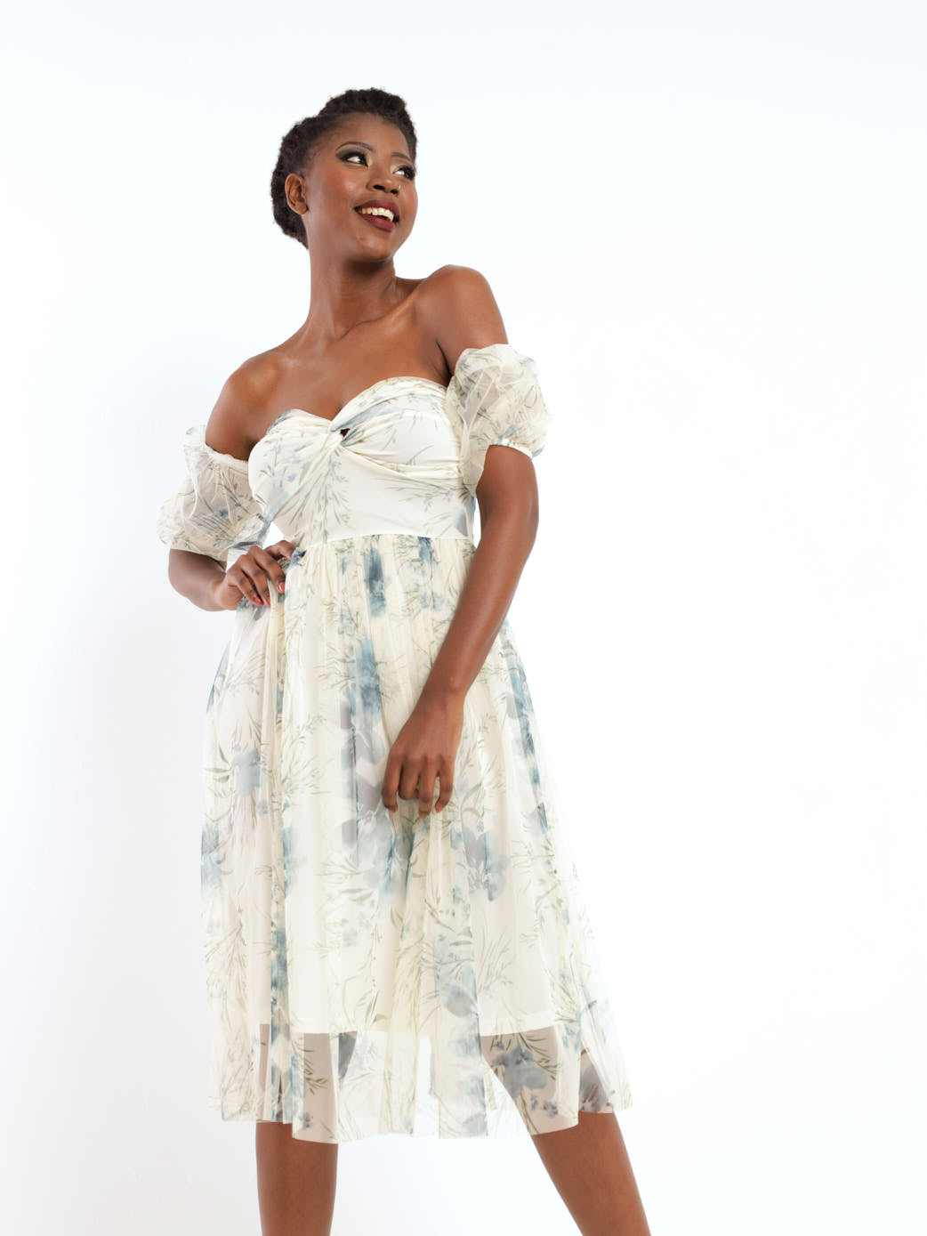 Puff Sleeve Off The Shoulder Floral Prom Dress Blue LEGiT