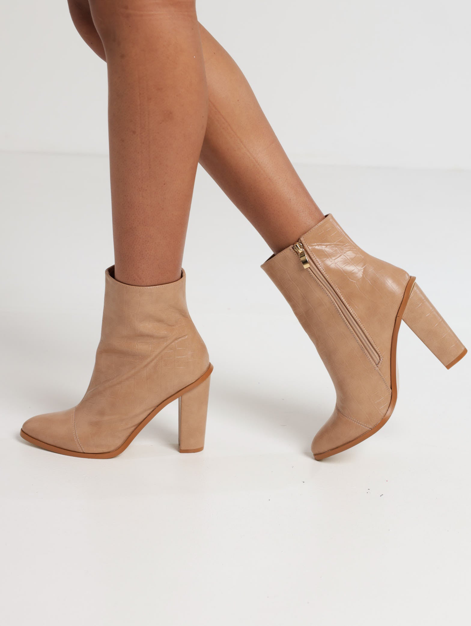 Croc Embossed Ankle Boot On Block Heel Sand – LEGiT